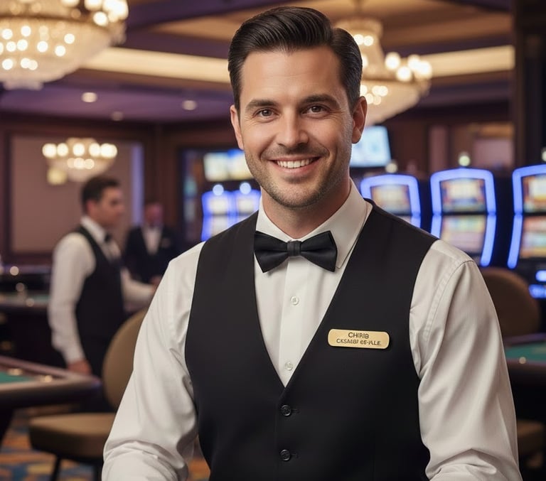 Male casino gaming dealer smiling in a black bow tie