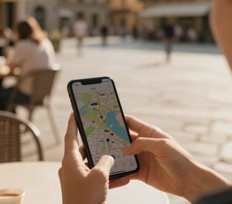 Persona utilizando aplicación de navegación GPS en su teléfono inteligente mientras está sentada.