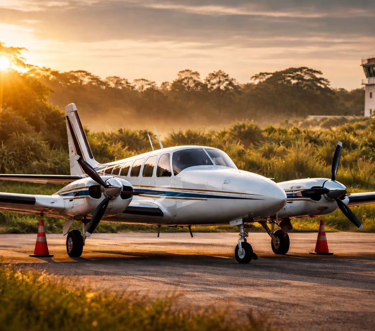 Avião bimotor em aeródromo cercado por vegetação, monitoramento ambiental exigido pela ANAC