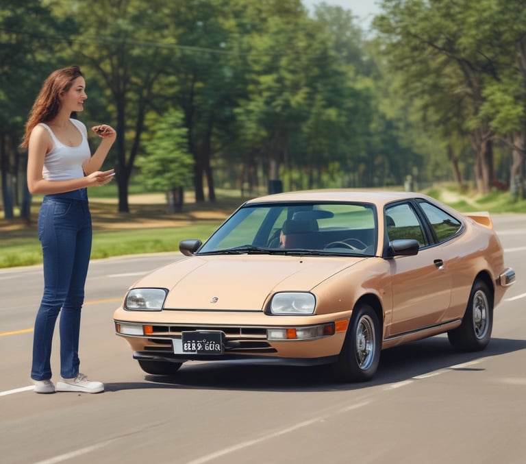 A warm, inviting driving instructor smiling gently while guiding a female student behind the wheel in a cozy car interior.