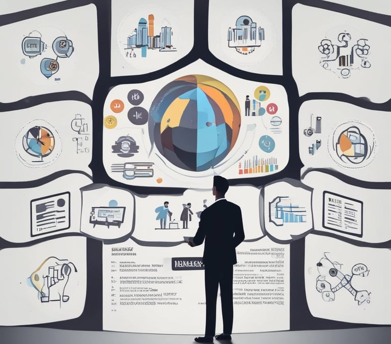 A laptop screen displays a webpage with the title 'ChatGPT Mastery Course'. The page includes sections on Learning, Writing, Money, Marketing, Productivity, and Tools, with various bullet points under each category. The top right shows an open browser tab, and there is a rating section with stars in the top left. Bright icons of various applications are visible at the bottom of the screen.