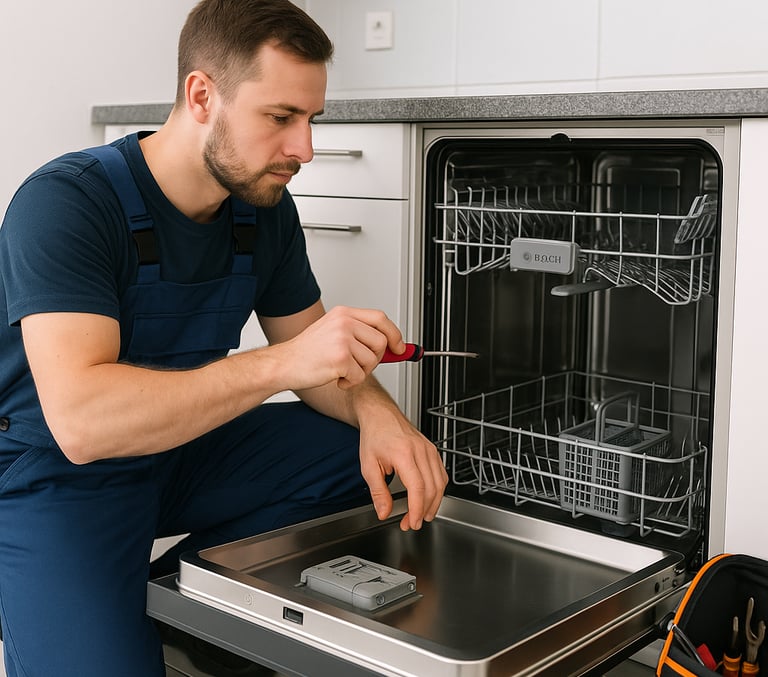 Blue Flame Works technician servicing a Bosch dishwasher in a modern kitchen.