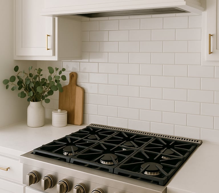 Built-in six-burner gas cooktop in a modern white kitchen.