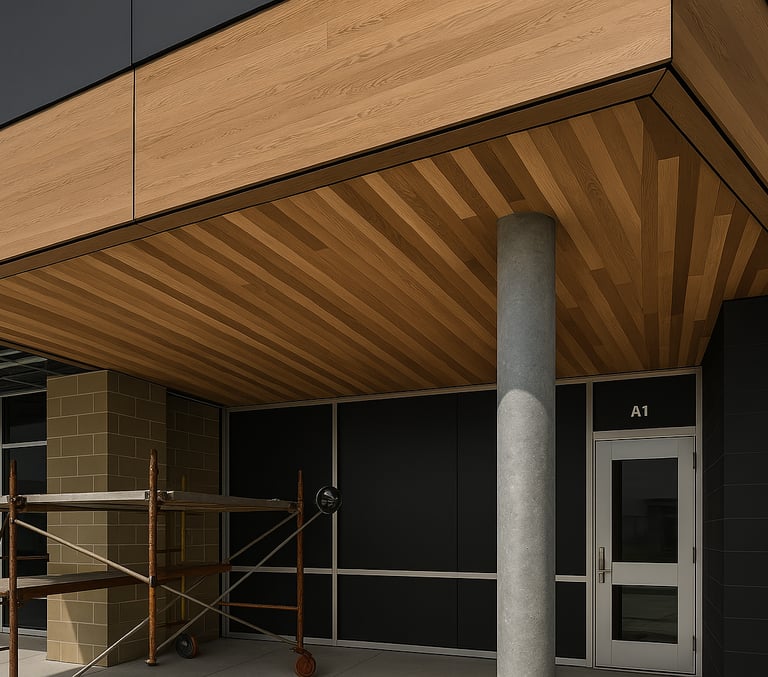 a building with a wooden roof and a wooden roof