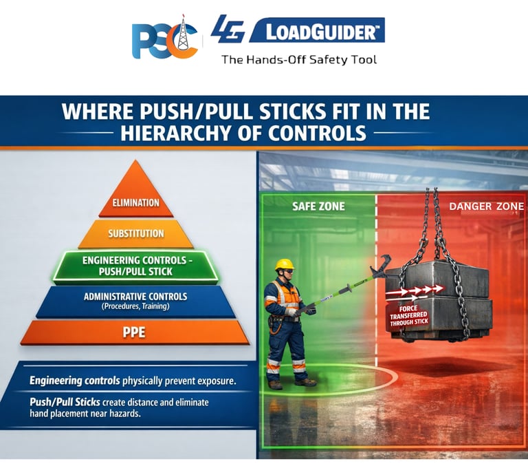 Hands-free lifting safety website design for PSC LoadGuider push pull stick with blue footer and cle