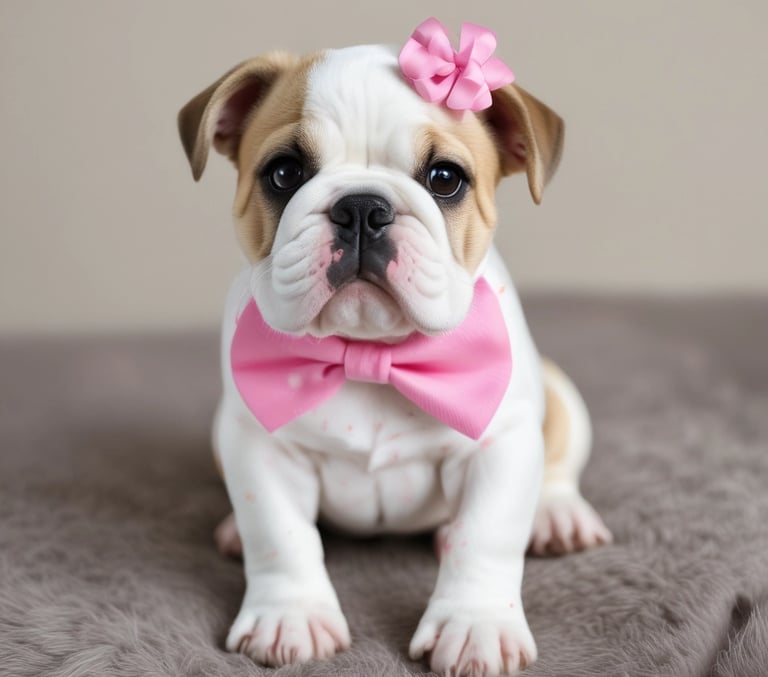 A brown and white dog laying on top of a bed