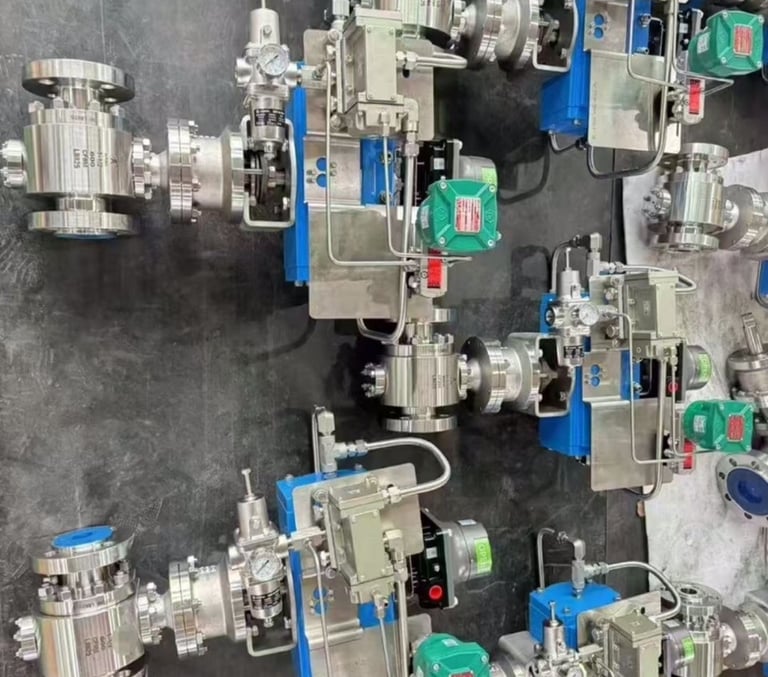 Industrial pneumatic ball valves with actuators and control accessories for fluid flow systems.