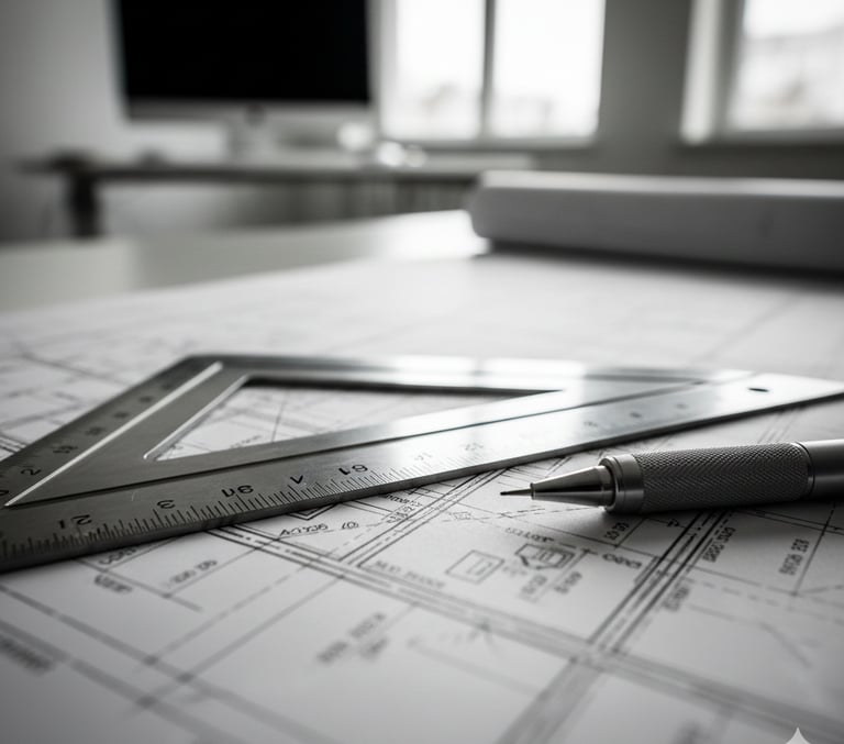 Mechanical pencil and ruler laying on construction plans on a desk
