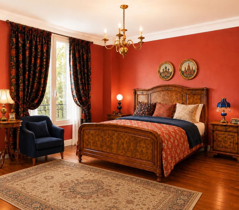 Chambre classique aux murs rouges avec un grand lit en bois marqueté, un fauteuil bleu, un tapis et 