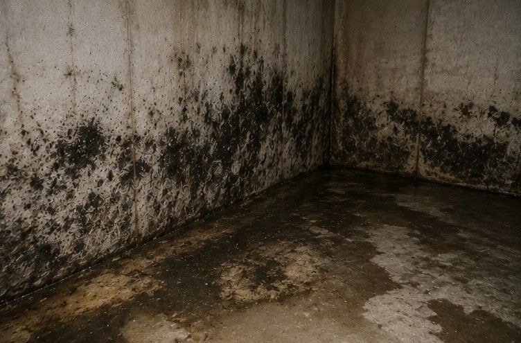 black mold growing on basement walls and floor of Colorado Springs home after prolonged moisture exposure requiring