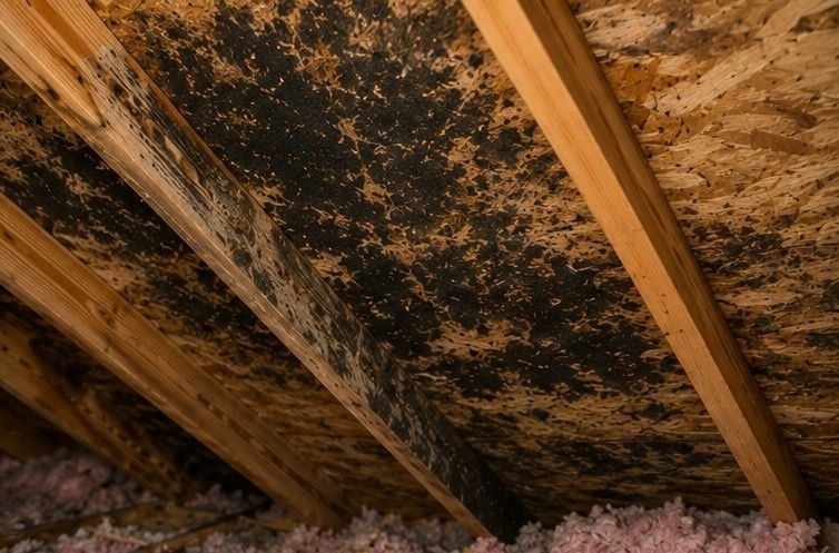 extensive mold growth covering attic roof decking and wooden rafters in Colorado Springs home caused by poor ventilation