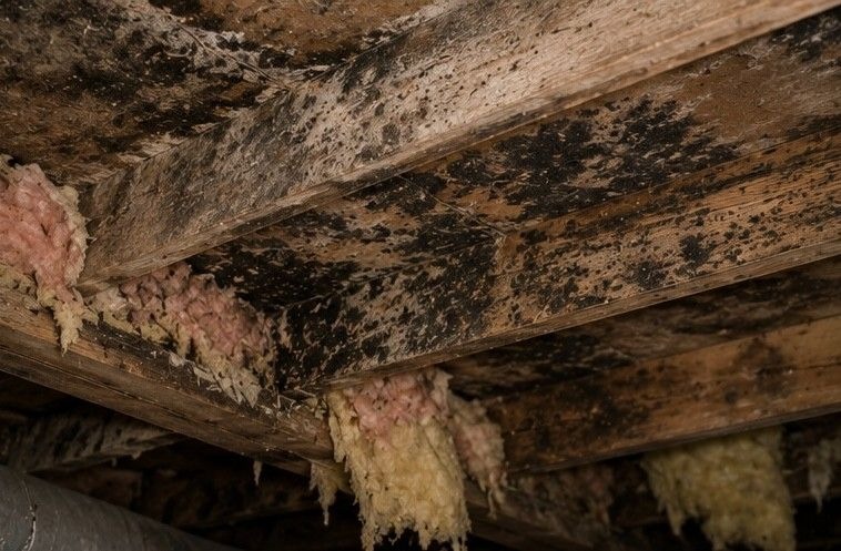 extensive mold growth covering wooden joists and insulation inside crawl space of Colorado Springs home requiring