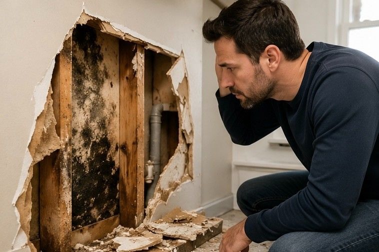 homeowner discovering hidden mold growth behind wall during Colorado Springs property inspection revealing moisture damage