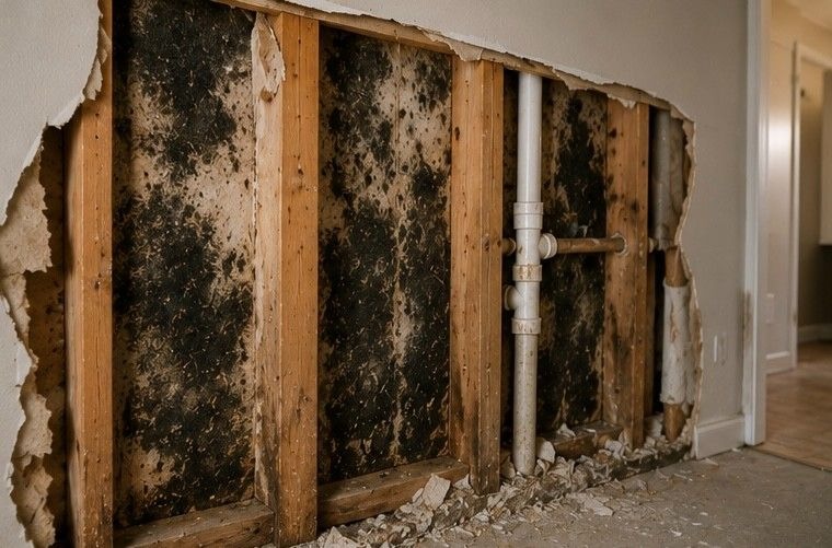 severe mold damage to drywall and wooden framing inside Colorado Springs home requiring professional restoration after mold