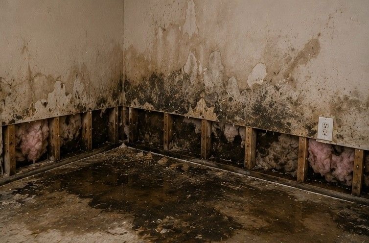 water damaged walls and flooring in Colorado Springs property showing mold growth beginning after prolonged moisture