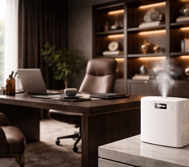 Difusor electrico blanco emitiendo aroma en una oficina de lujo