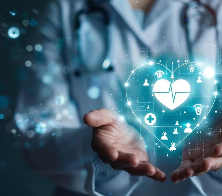 Doctor deteniendo un corazon virtual representa la tecnología médica innovadora