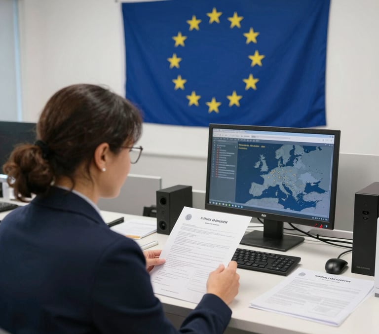 Several stacked shipping containers, predominantly showcasing the brands 'CMA CGM' on blue containers and 'EVERGREEN' on green containers. Below the containers is a blue and white sign with Asian characters.