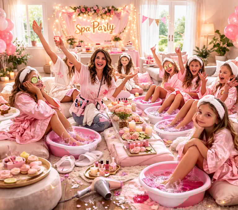 אמא מאושרת וילדות בחלוקי סאטן ורודים נהנות ממסיבת יום הולדת ספא מסודרת ומוארת, עם קישוטים ורודים, בל