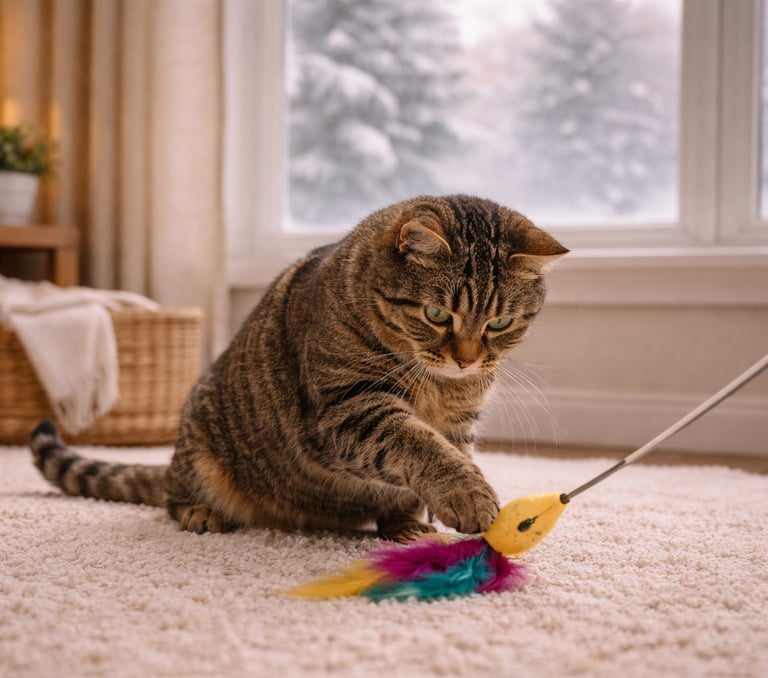 Cat playing indoors during winter routine