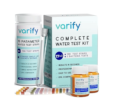 Varify 17-in-1 home water test strips and bacteria testers.