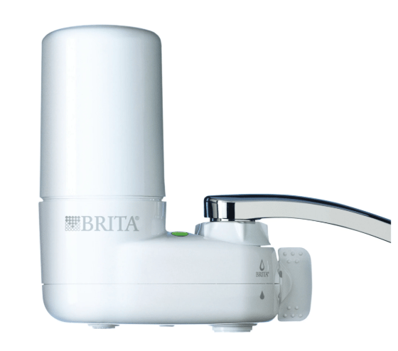 Brita faucet mount water filter system for lead and chlorine removal in white.