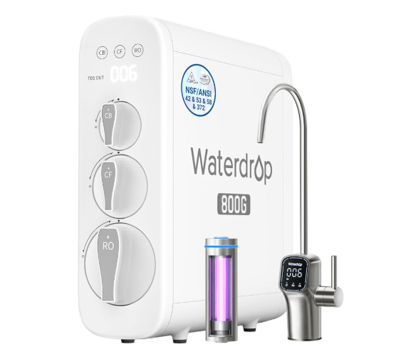 Waterdrop G3P800 tankless under-sink reverse osmosis system with smart faucet.