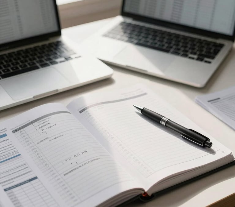 Wide shot of an open desk surface under natural window light, a mileage log notebook annotated in pen beside a laptop showing a spreadsheet, tax forms visible at the edge, no people