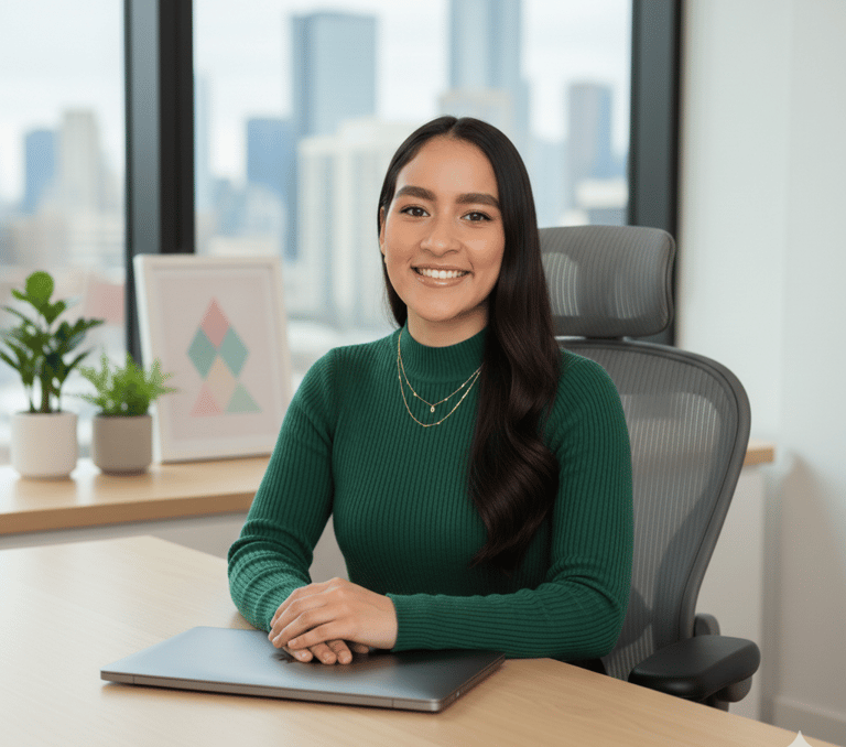 Smiling businesswoman in green sweater sitting at office desk with laptop and city skyline view.