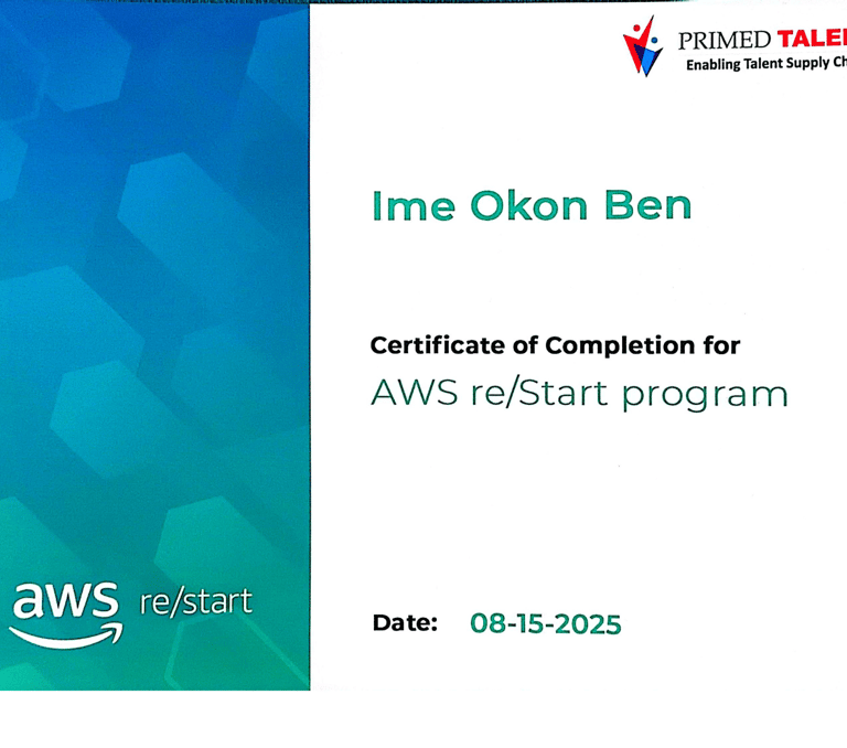 AWS re/Start Certificate showcasing renewed cloud skills, bridging 8 years’ experience.