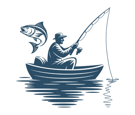 Minimalist fisherman in a small boat with smiling fish, Nordic vector illustration by Wyrlight.
