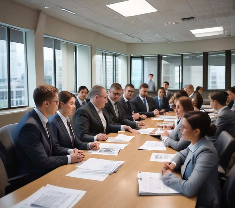 A focused business meeting where a team discusses growth strategies using charts and laptops.