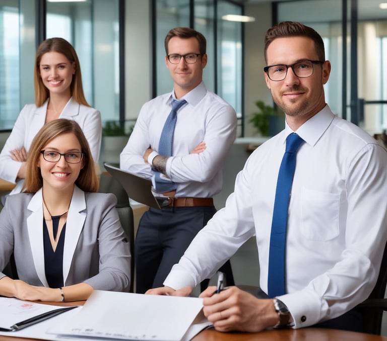 A focused business meeting where a team discusses growth strategies using charts and laptops.