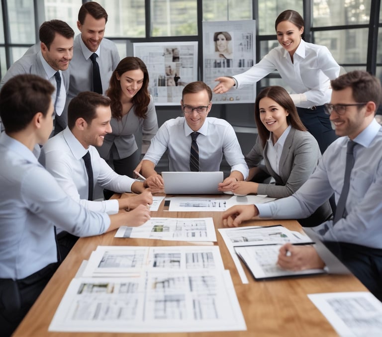 A focused business meeting where a team discusses growth strategies using charts and laptops.