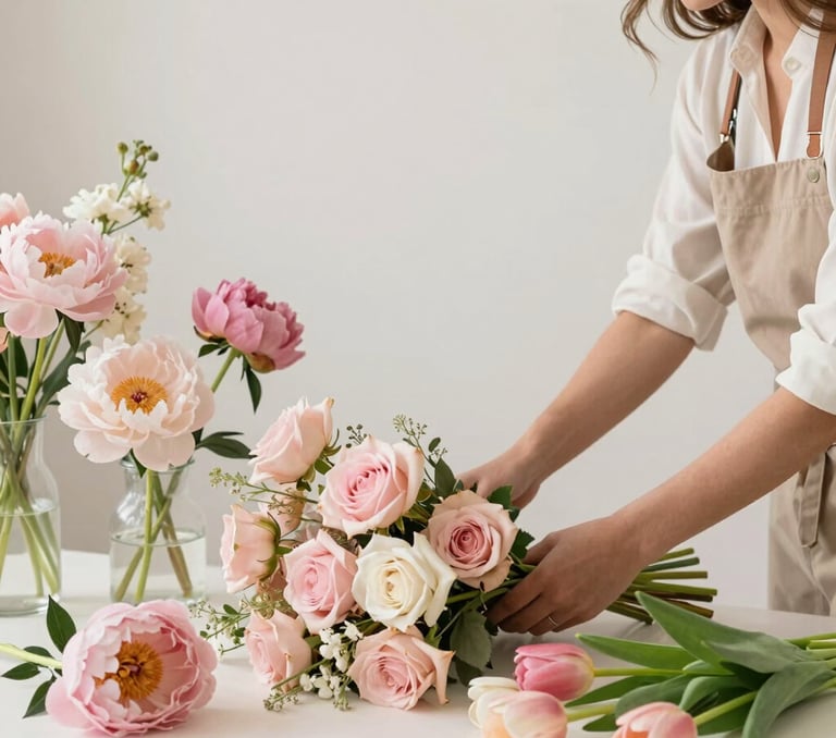 Elegant floral arrangement in soft pastel colors displayed in a bright, airy setting.