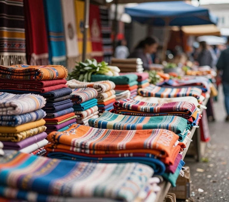 Vibrant photography of a local outdoor market with colorful textiles and fresh goods, soft focus on the foreground, bright natural daylight, authentic and inviting Global / International atmosphere.