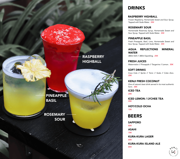 Kenji Ramen Bali menu display showing Beverages - Japanese restaurant offerings