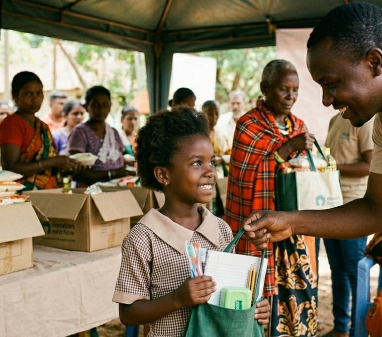 Volunteer handing school supplies to a smiling girl at a community food and donation drive.