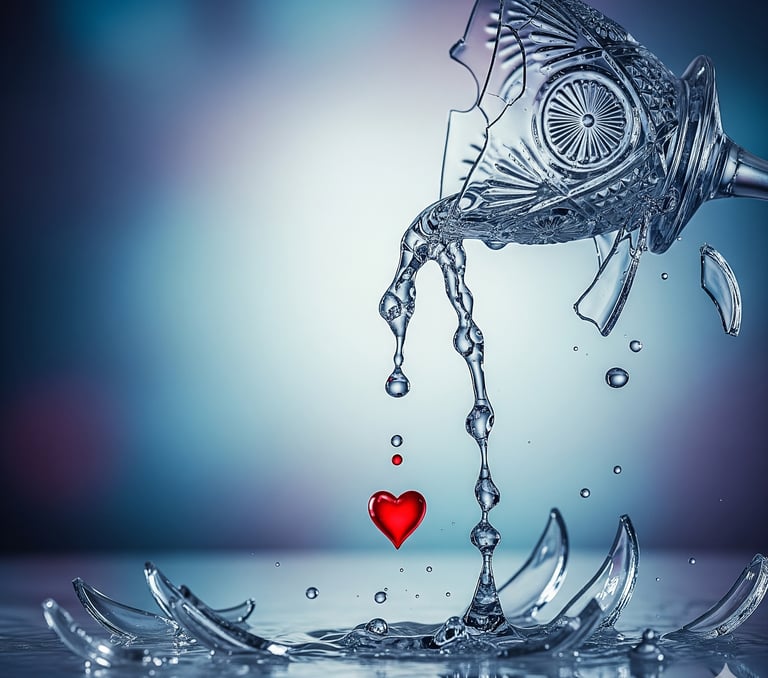 Conceito de amor líquido representado por um copo se quebrando e a água escorrendo, descartável