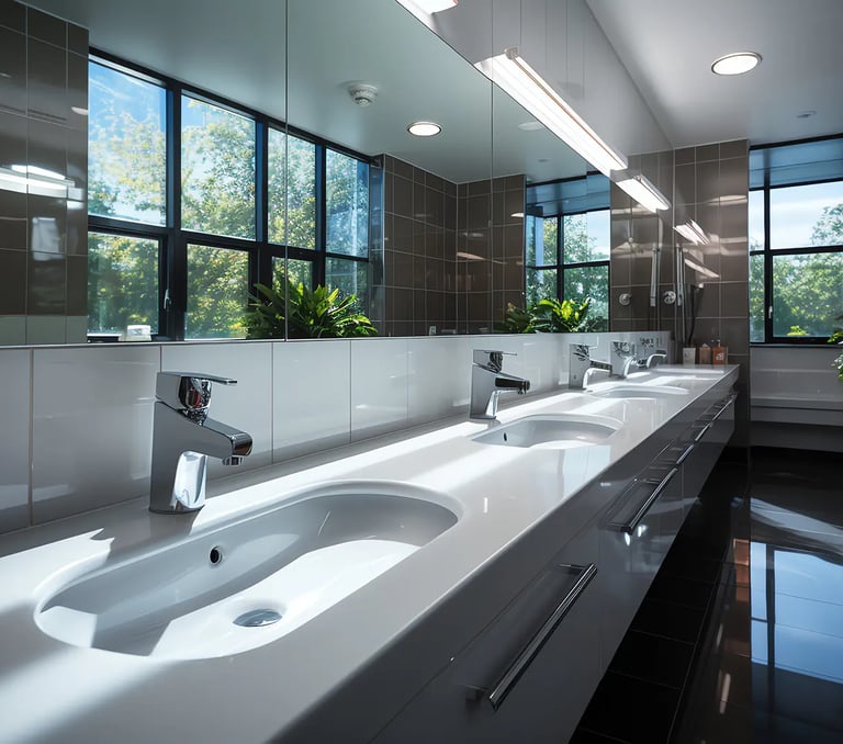 Spotless commercial bathroom after professional cleaning service