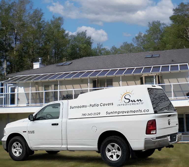 Sun Improvements vehicle in front of a patio cover.
