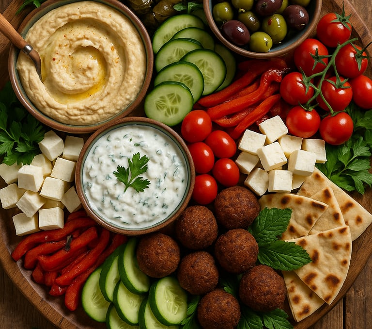 a plate of food with a bowl of dips and dipers