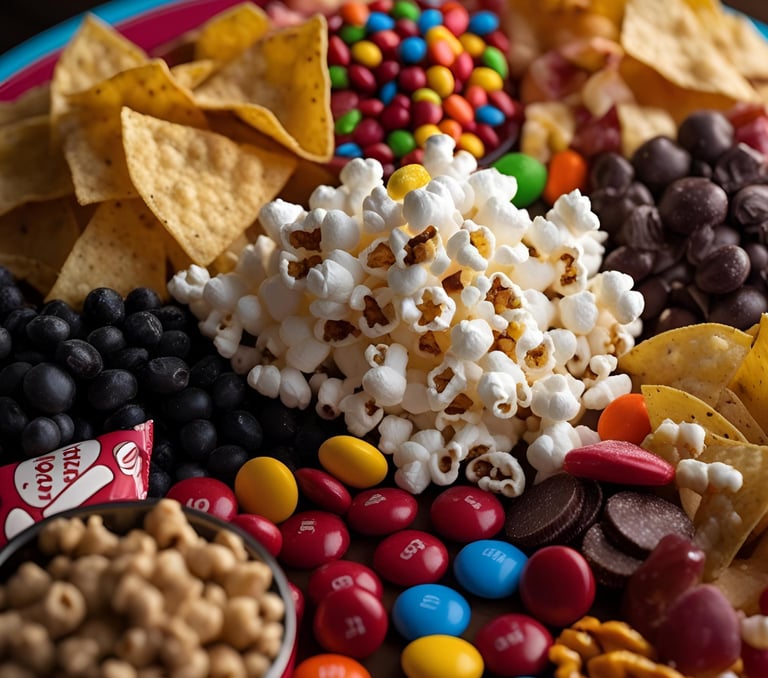 a plate of food that includes chips, chips, and candy