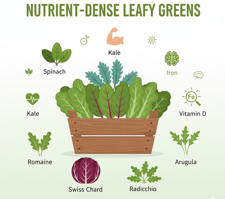 Nutrient-dense leafy greens infographic with kale, spinach, and other salad greens