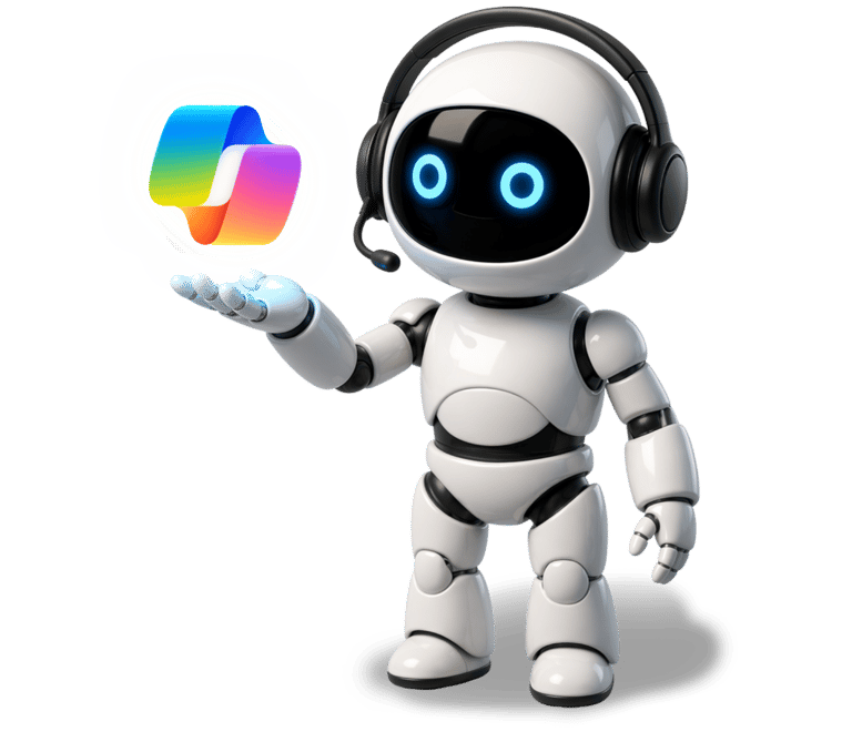 A cute white AI robot wearing a headset holding a glowing colorful Microsoft Copilot logo.