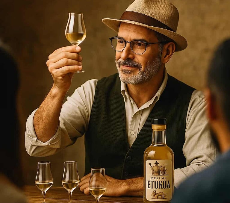 Sommelier profesional explicando las características de un mezcal artesanal Etukua durante una cata 