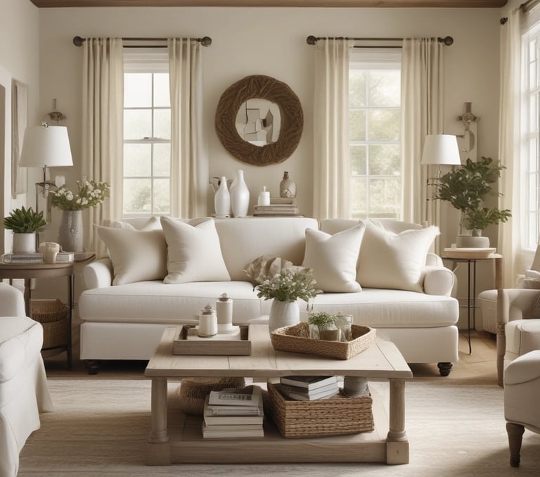 Cozy farmhouse living room featuring a white sofa, wooden coffee table, and neutral home decor.