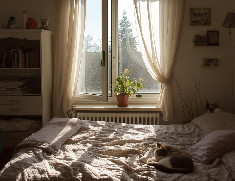 Lived-in non-toxic bedroom getting fresh air by the open window. With plants and a cat.