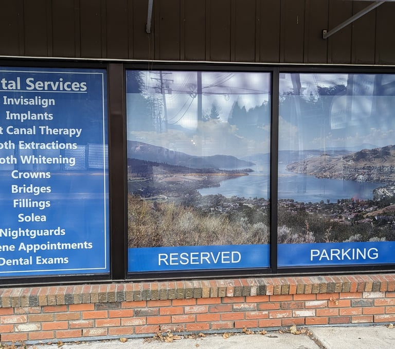 "Window sign with vibrant graphics.