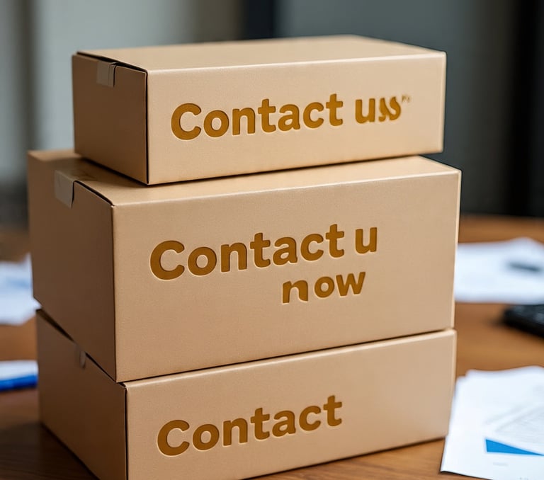 Cajas en torre color kraft con letras de contacto.